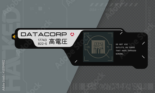 Cyberpunk decals set. Set of stickers and labels in futuristic style. Inscriptions and symbols, Japanese hieroglyphs for high voltage. Interface in the style of neo-futurism games. HUD elements.