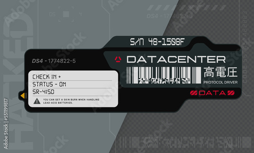 Cyberpunk decals set. Set of stickers and labels in futuristic style. Inscriptions and symbols, Japanese hieroglyphs for high voltage. Interface in the style of neo-futurism games. HUD elements.