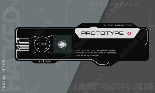 Cyberpunk decals set. Set of stickers and labels in futuristic style. Inscriptions and symbols in the style of neo-futurism games. Interface HUD elements.
