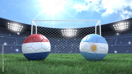 Fotografia Two soccer balls in flags colors on stadium bright blurred background