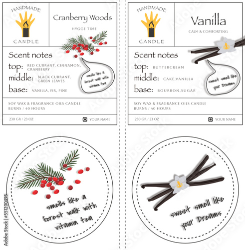 Candle label template cozy holiday scents, vanilla candle, cranberry woods with a forest and berry smell, hygge, calm and comforting candle, packaging label