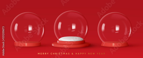 Set of glass Christmas snow globes. Christmas decorations realistic 3d empty snow balls. Round sphere podium under transparent glass dome with white snowdrift. Vector illustration