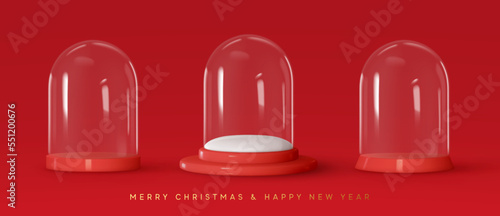 Set of glass christmas crystal dome globes. Christmas decorations realistic 3d Glass transparent empty snow dome. New Year's decorative object. vector illustration