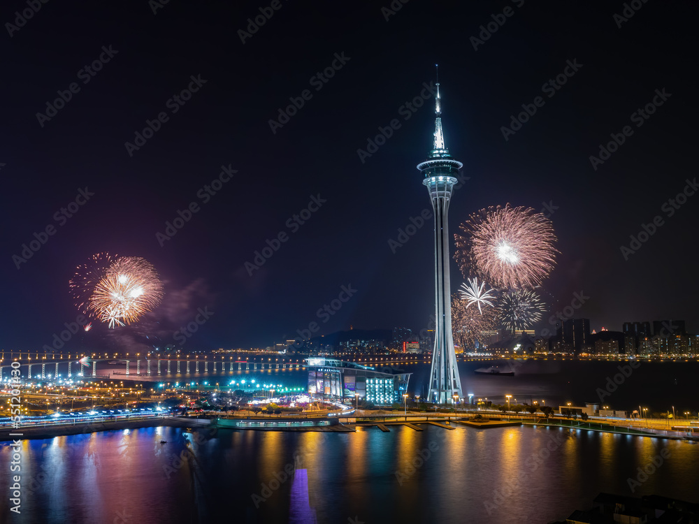 Night view of the fireworks over Macau Tower Convention and Entertainment Center Night view of the fireworks over Macau Tower Convention and Entertainment Center