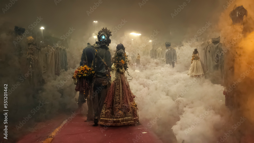 A very unique wedding event with colorful artificial smoke and beautiful decorations.