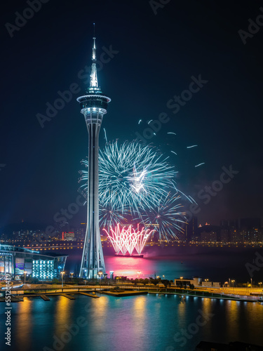 Принти на полотні Night view of the fireworks over Macau Tower Convention and Entertainment Center