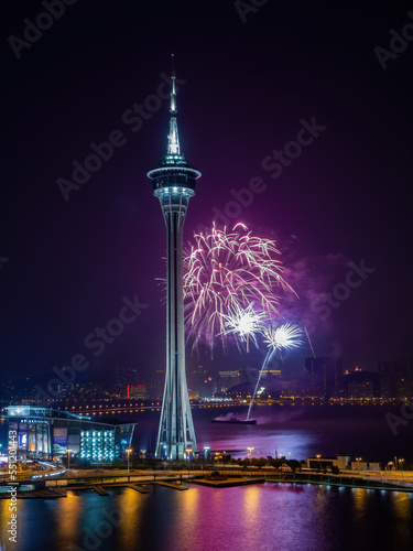 Canvas Print Night view of the fireworks over Macau Tower Convention and Entertainment Center