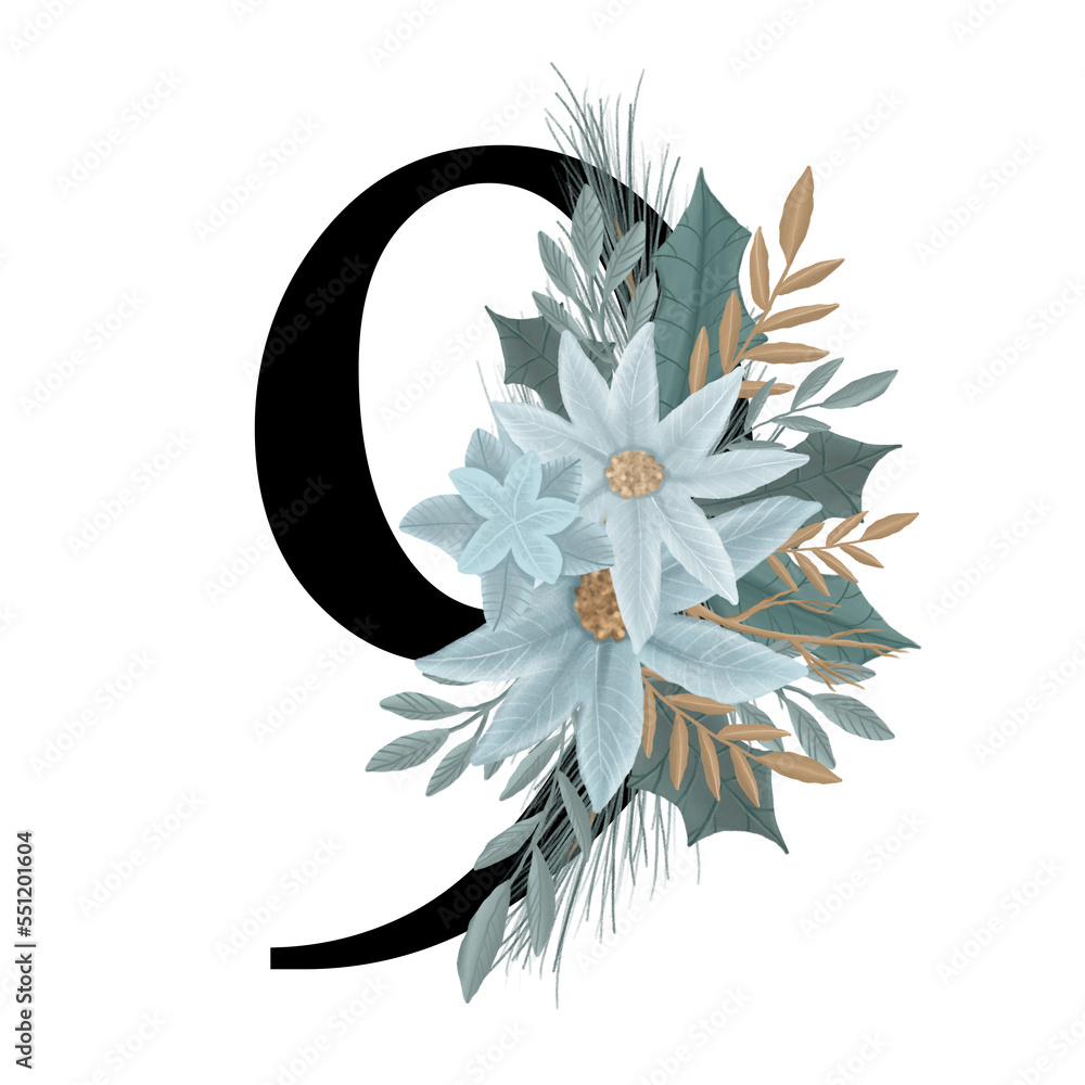Obraz premium Floral number sign 9 nine with winter white and pastel blue flowers and leaves illustration. Botanical flower bouquet png for wedding invitation and monogram, logotype, baby shower, birthday