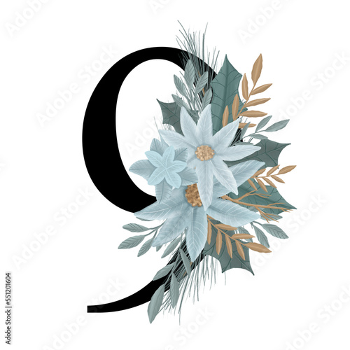 Floral number sign 9 nine with winter white and pastel blue flowers and leaves illustration. Botanical flower bouquet png for wedding invitation and monogram, logotype, baby shower, birthday photo