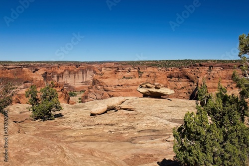 View of Canyon de Chelle, Arizona, showing the distant horizon and a large blue sky. There are Juniper trees in the foreground. photo