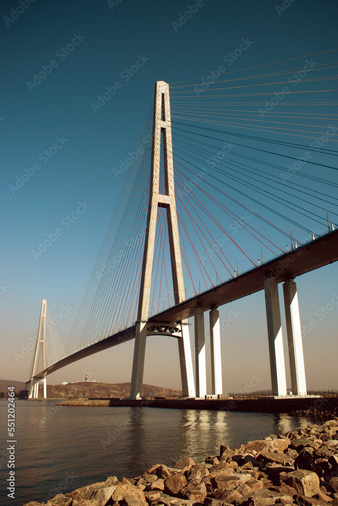 Selective focus. Cable-stayed bridge in Vladivostok. Golden bridge.