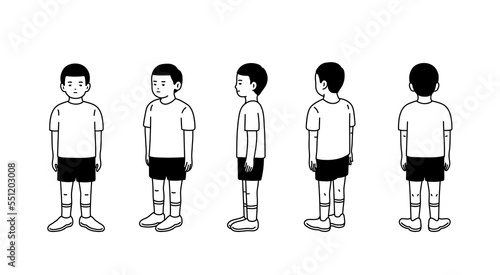 Set of Character man cartoon concept. Front side back turn around for animation. Mascot kit of little boy for different poses. Simple line drawing. Flat vector illustration. Hand drawn style.