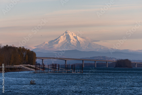 Mt Hood, Oregon, winter sunset over the Columbia River from Vancouver Washington, Pacific Northwest United States