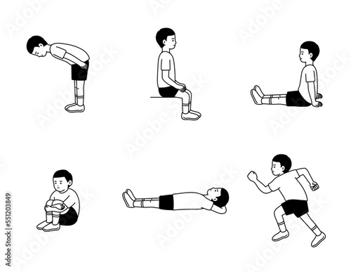Cute character set of boy in various poses and activities. A collection of cute elementary school student. Running, greeting, sitting, lie down, crouch. Simple line drawing. Flat vector illustration.