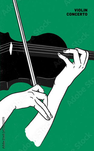 Poster idea for music event, with symbols of the violin instrument. Banner, flyer, invitation, ticket or advertising banner with abstract violin. Flat vector illustration. Hand drawn style.