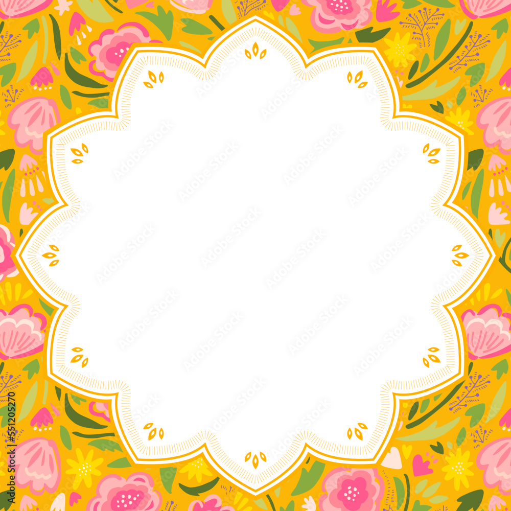 アジア風　鮮やかな花柄のフレーム・背景素材（正方形）