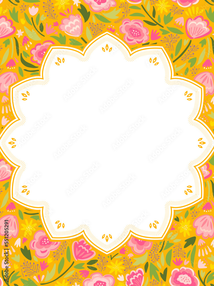 アジア風　鮮やかな花柄のフレーム・背景素材（縦向き）