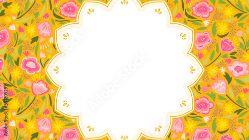 アジア風　鮮やかな花柄のフレーム・背景素材（横向き16:9）