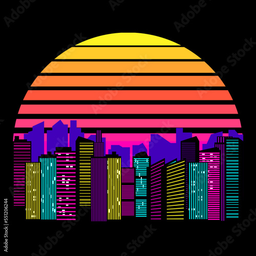 Synthwave, vaporwave, retrowave 80s neon landscape, gradient colored sunset with urban city, skyscrapers silhouettes on black background. Retro futuristic aesthetic solar circle emblem, logo or icon