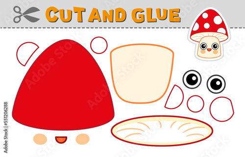 Cut out applique and glue a mushroom amanita. Vector illustration. Paper game for children's creativity, activity and learning