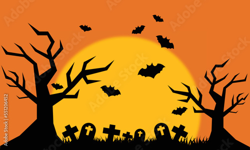 hand drawn flat halloween with orange full moon and bats background