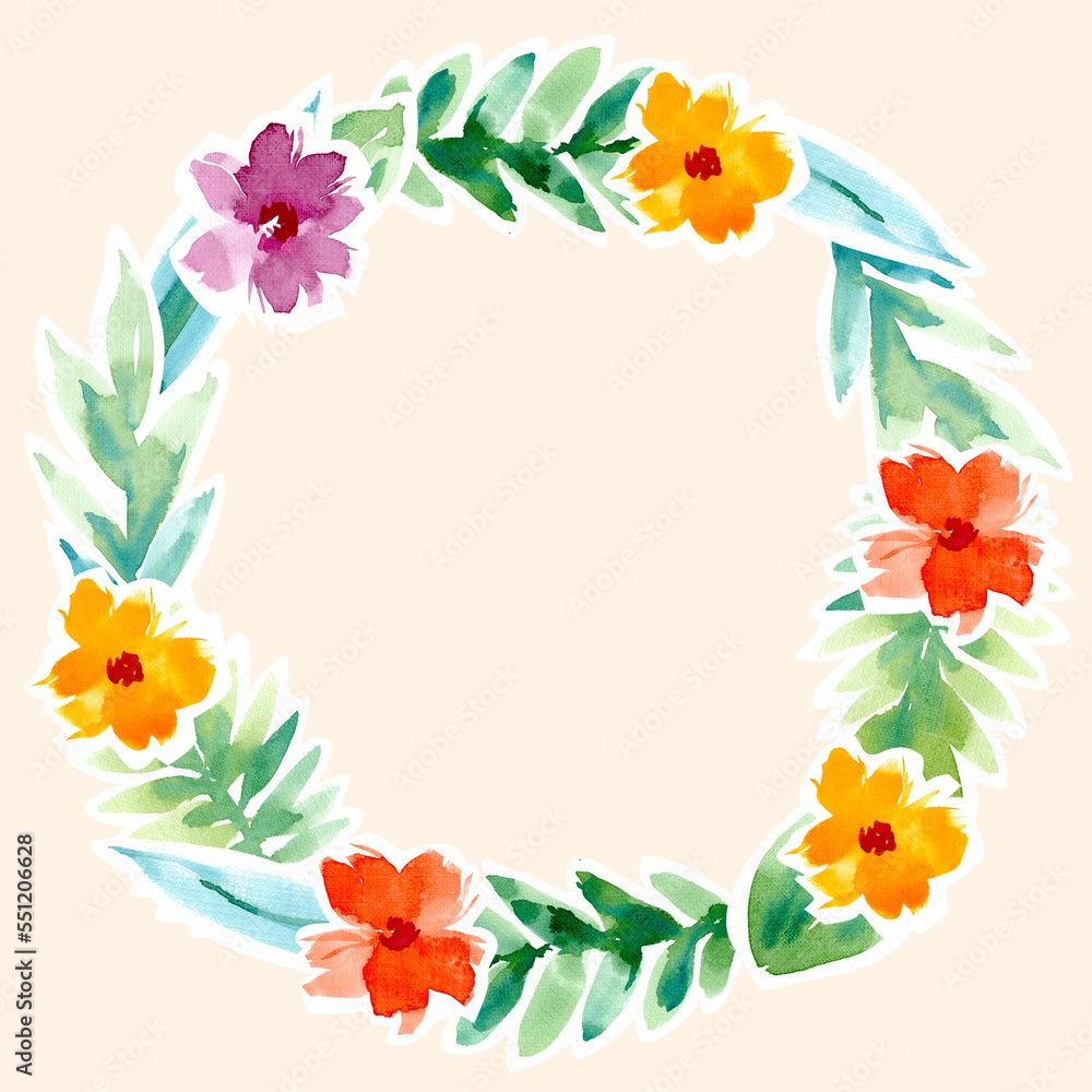 Watercolor wreath of roses, buds, leaves. Hand-drawn floral botanical wreath for invitation, design. Round wreath of leaves and flowers. Watercolor wreath of roses, buds, leaves. Hand-drawn floral botanical wreath for invitation, design. Round wreath of leaves and flowers.