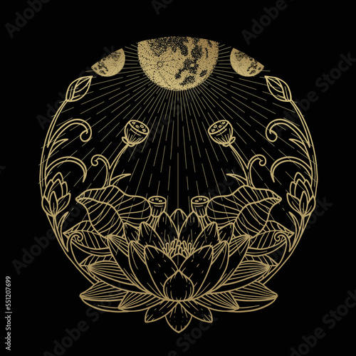 Blooming lotus with moon and planets at night