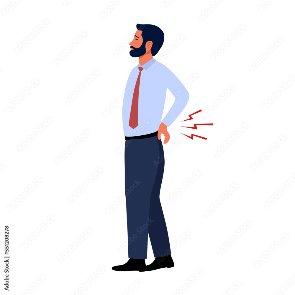 Low back pain concept vector illustration on white background. Businessman suffering from backache. Office syndrome.