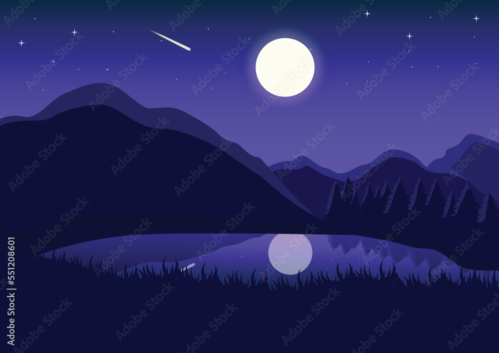 Fototapeta premium illustration landscape design at night with bright moon, stars and mountains