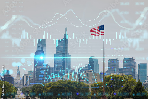 Summer day time cityscape of Philadelphia financial downtown, Pennsylvania, USA. City Hall. Glowing forex candlesticks and bar graph hologram. The concept of internet trading, brokerage and analysis