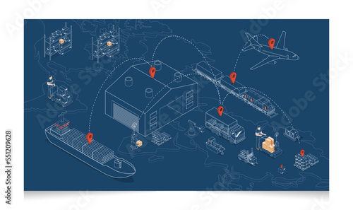 3D isometric Global logistics network concept with Transportation operation service, Export, Import, Cargo, Air, Road, Maritime delivery. Vector illustration EPS 10