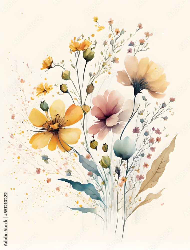 A vibrant watercolor painting featuring a bright array of summer flowers.