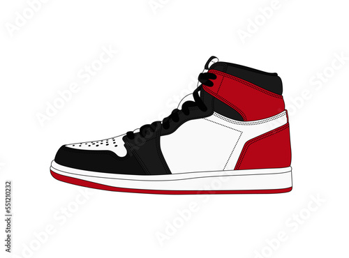 Vector retro sneakers illustration. Classic basketball shoes, isolated on white background. Black, white, red sport shoe silhouette. Best footwear ever. Linear style sneaker icon. Fashion symbol