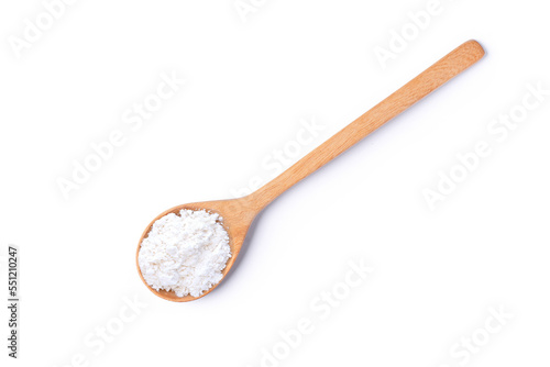 Calcium hydroxide powder (Dehydrated lime) in wooden spoon isolated on white background. Top view. Flat lay. photo