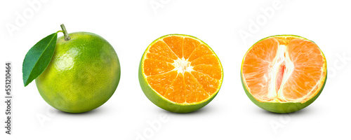 Tangerine orange fruit with green leaf and cut in half sliced isolated on white background.