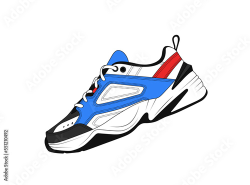 Vector realistic sneakers, isolated on white background. Man modern sneaker illustration, side view. Trainers shoe linear silhouette. Girl sport footwear sign. Casual massive lace shoes