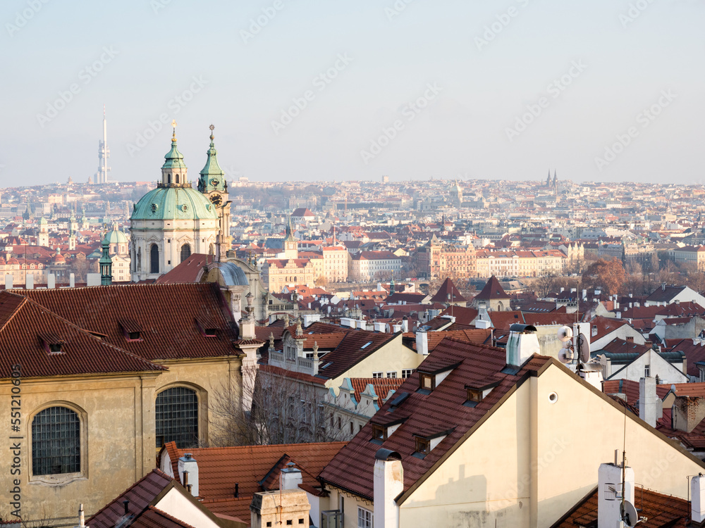 Scenic view of Mala Strana neighborhood and the Old Town from the hill of Prague Castle in winter - Prague, Czech Republic
