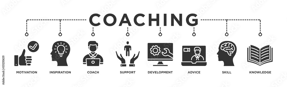 Coaching banner web icon for coaching and success, motivation, inspiration, teaching, coach, learning, knowledge, support and advice. Minimal vector infographic. Coaching banner web icon for coaching and success, motivation, inspiration, teaching, coach, learning, knowledge, support and advice. Minimal vector infographic.