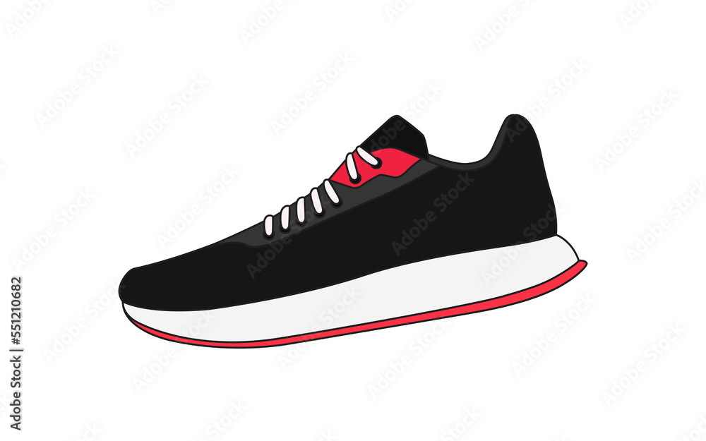 Vector black training shoes isolated on white background. Sneakers silhouette, flat logo. Modern sport style sneaker symbol, side view. Athletic footwear illustration. Running shoe sign. Fitness sole