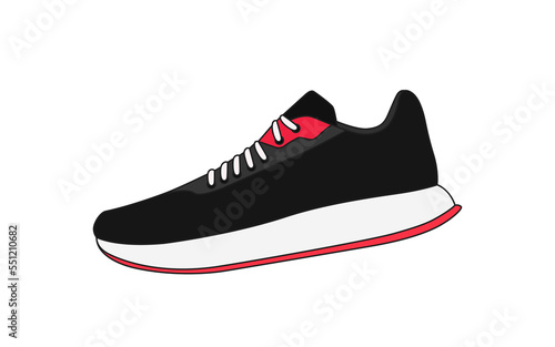 Vector black training shoes isolated on white background. Sneakers silhouette, flat logo. Modern sport style sneaker symbol, side view. Athletic footwear illustration. Running shoe sign. Fitness sole
