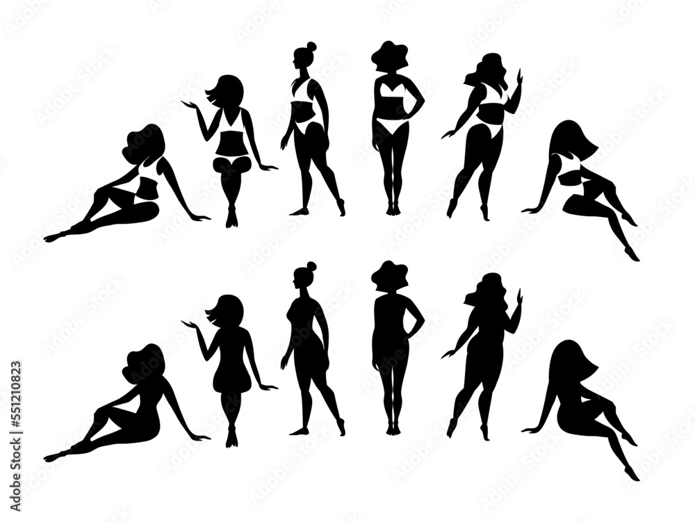 A set of vector silhouettes of women in different positions in swimsuits and underwear. Sitting and standing girls models, black flat illustration clip art for beauty salon.