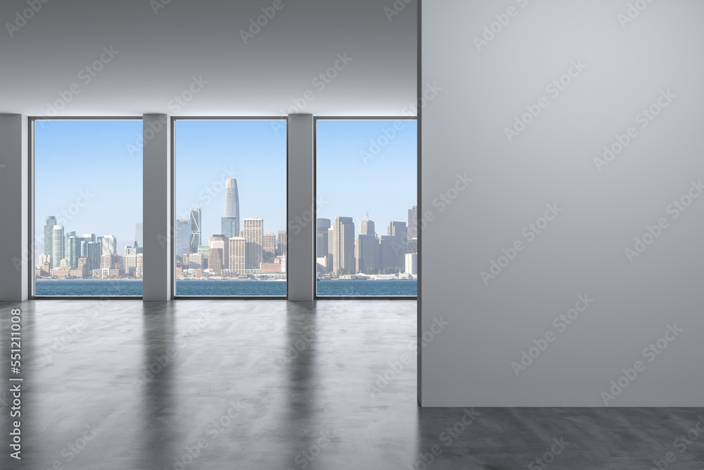 Fototapeta premium Downtown San Francisco City Skyline Buildings from High Rise Window. Beautiful Expensive Real Estate overlooking. Empty room Interior. Mockup wall. Skyscrapers Cityscape. Day. California. 3d rendering