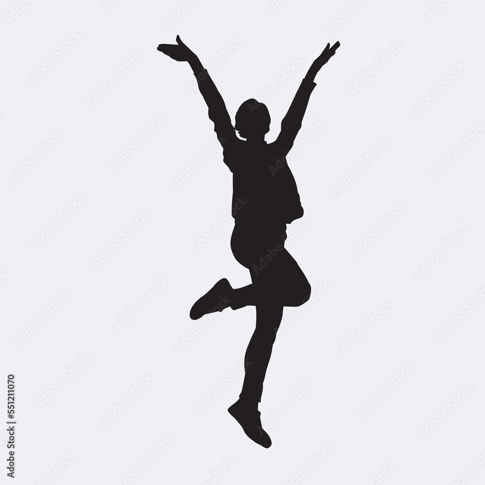 Happy gesture young woman. Vector black silhouette on white background.