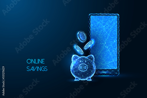 Futuristic Online financial savings concept with glowing smartphone, piggy bank and falling coins 