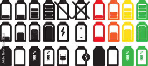 icon set battery condition from empty to full black white green yellow orange and red