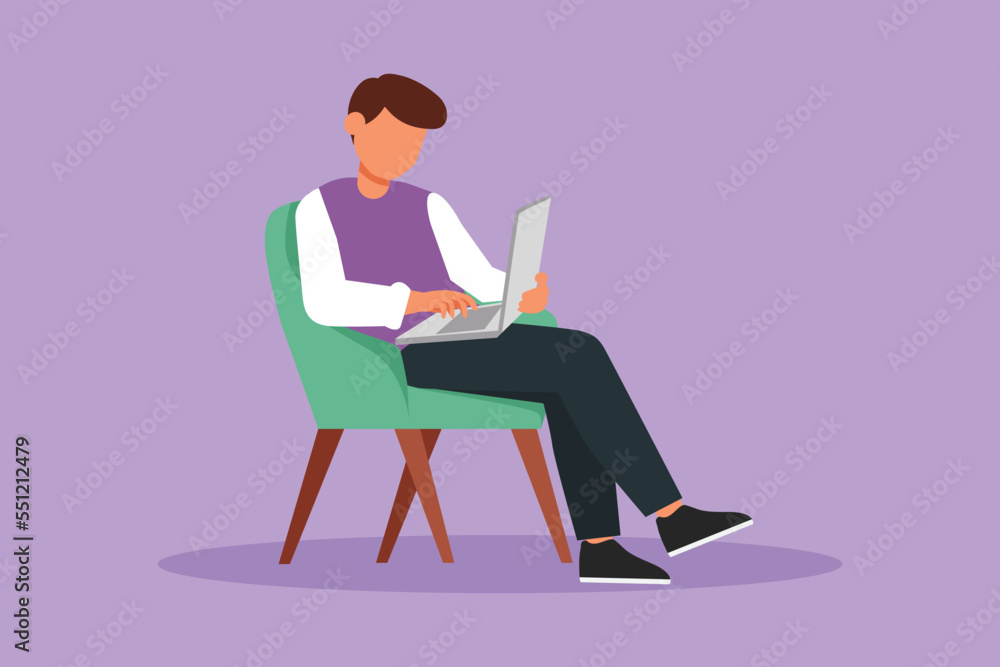 Cartoon flat style drawing young male with laptop sitting on chair. Businessman planning project. Freelance, distance learning, online courses, and studying concept. Graphic design vector illustration