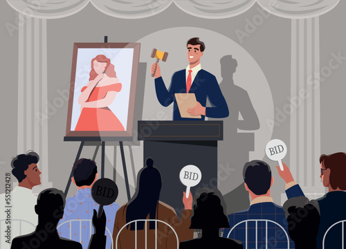 Auction bids scene. Young man with hammer stands in front of picture. Creativity and art, financial transactions and price increase. Poster or banner for website. Cartoon flat vector illustration