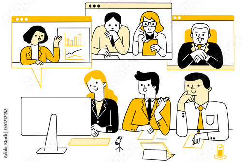 Cute character doodle illustration of video call business people group, meeting online. Outline, liinear, thin line art, hand drawn sketch design, simple style.