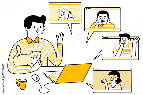 Cute character doodle illustration of teen group greeting and talking with friends online with video chat call, virtual meeting. Outline, thin line art, hand drawn sketch.