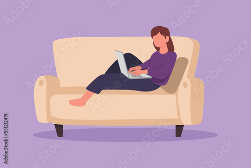 Cartoon flat style drawing of cute woman sitting on couch and typing on laptop keyboard. Work from home with female using computer on sofa. Girl sitting comfortably. Graphic design vector illustration